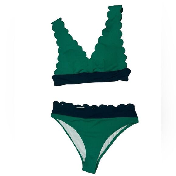Cupshe Green Bikini Navy Blue Scalloped Trim Padded Triangle Top Size Medium - Picture 7 of 13